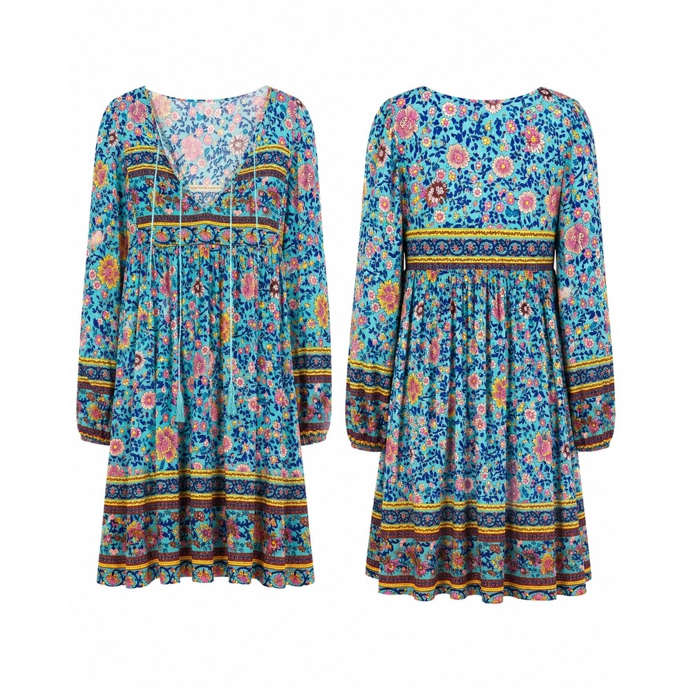 Size M Boho Floral Tunic Dress Turquoise Viscose Peasant Festival